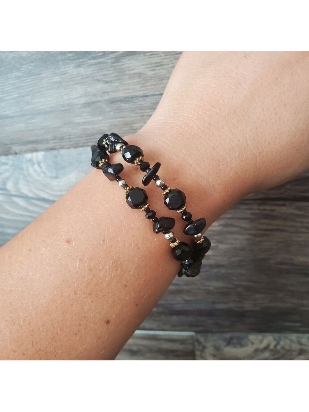 Black Stone Beaded Layered Metal Bracelet Gold Silver Black Tones